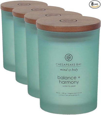 Chesapeake Bay Balance + Harmony Scented Candles Water Lily Pear Fragrance Medium Size Natural Soy Wax 50 Hours Burn Time, 8.8oz (Pack of 8)
