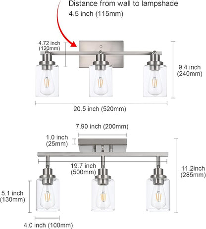 MELUCEE 3 Light Bathroom Vanity Light Brushed Nickel Track Lighting Fixtures Ceiling, Wall Light Fixtures with Rotatable Track Head for Hallway Porch Foyer Bath Storage, Clear Glass Shade