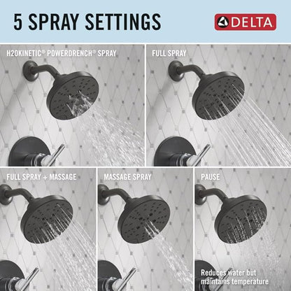 Delta Nicoli 14 Series H2Okinetic Shower Faucet Set, Matte Black/Chrome Shower Head and Handle Set, Valve Trim Kit, Matte Black/Chrome 142749-CS (Shower Valve Included)