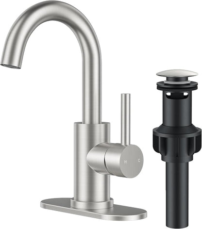 FORIOUS Bathroom Faucet 1 Hole Single Handle Sink Faucet Brushed Nickel | with 6-inch Deck Plate for 1 or 3 hole(4-inch centerset)Sink Setup, Supply Lines and Drain, Swivel for Bar Kitchen RV Vanity