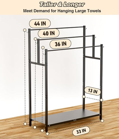 Mondazie 44” Free Standing Towel Racks for Bathroom Towel Storage, Black | 3 Tier Oversized Pool Towel Drying Rack Outdoor, Blanket Ladder Holder with Shelf & 6 Hooks for Bedroom Living Room Poolside