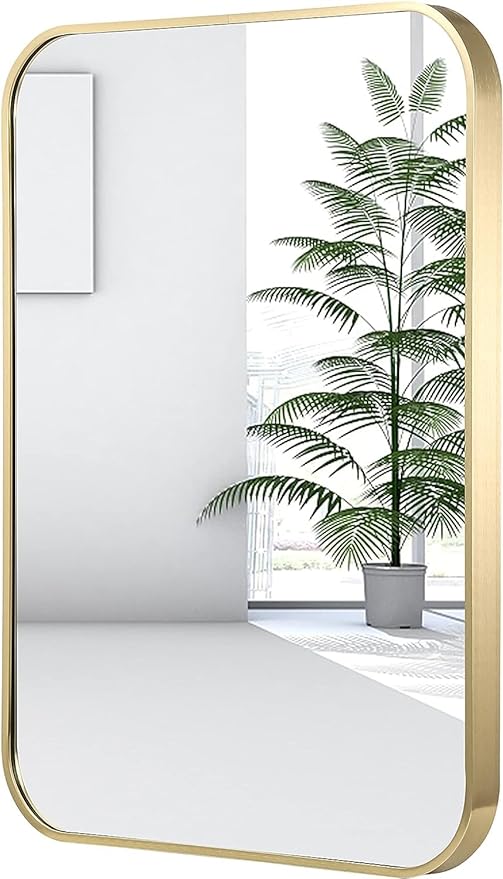 26x38 Inch Gold Bathroom Mirror, Brushed Brass Gold Metal Framed Rectangular Mirror with Rounded Corner, Bathroom Vanity Mirror for Bedroom or Living Room, Horizontal/Vertical
