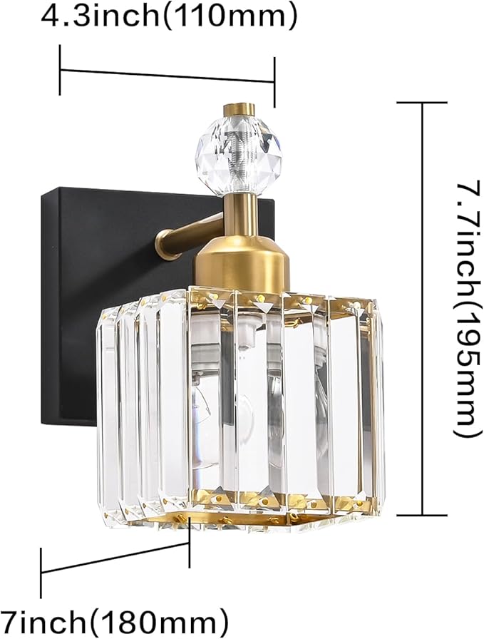 PRESDE Single Crystal Wall Sconce, Modern Black and Gold Vanity Light Fixture, 1-Light Wall Lamp for Bathroom Bedroom Hallway