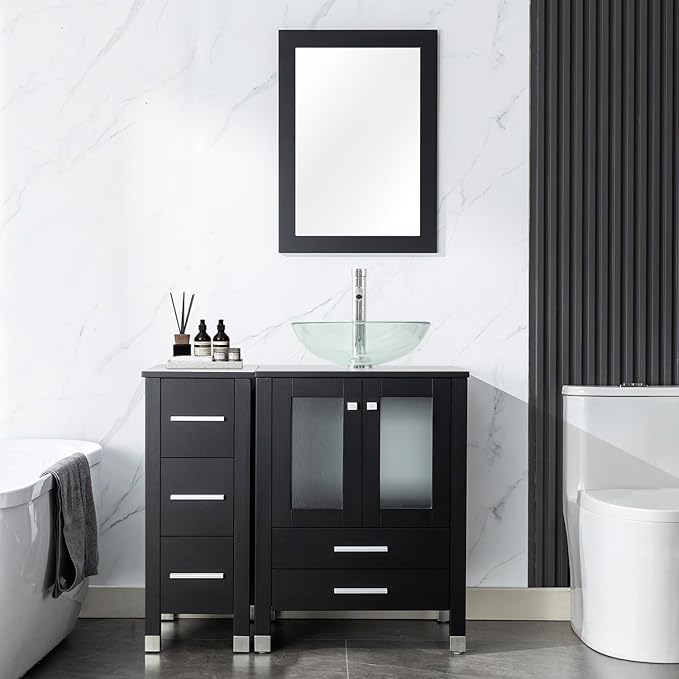 LUCKWIND 36" Bathroom Vanity Combo with Sink, 24"+12.6" Width, Painted Bathroom Storage Cabinet with 5 Drawers, Including Transparent Round Sink Without Mirror, Black