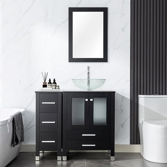 LUCKWIND 36" Bathroom Vanity Combo with Sink, 24"+12.6" Width, Painted Bathroom Storage Cabinet with 5 Drawers, Including Transparent Round Sink Without Mirror, Black