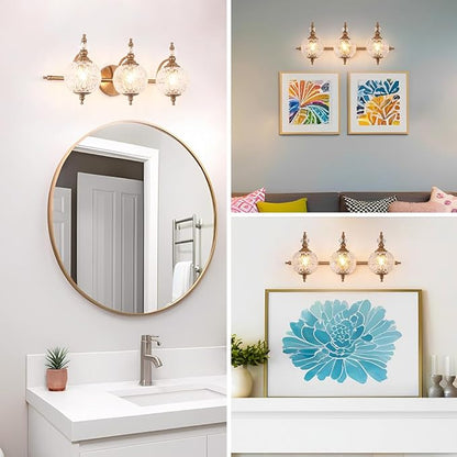 Brushed Gold Bathroom Vanity Light Fixture Vintage Style - 3 Light G9 Bulb Compatible, 23" Wide Bathroom Lighting Over Mirror with Hand-Etched Glass Shades, Easy Mount for Makeup Area