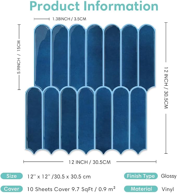 Commomy Thicker Navy Blue Peel and Stick Backsplash - 10 pcs of 12" x 12" - 3D Adhesive Peel and Stick Tiles Backsplash for Kitchen, Bathroom, Removable, Waterproof, Vinyl Wall Tile