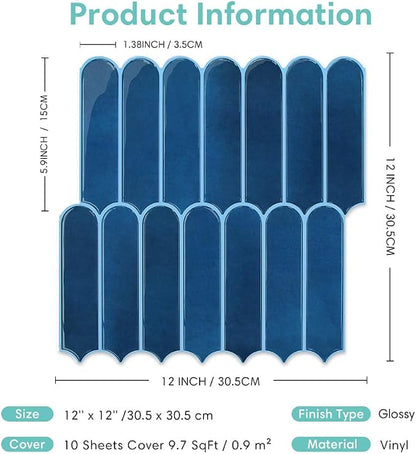Commomy Thicker Navy Blue Peel and Stick Backsplash - 10 pcs of 12" x 12" - 3D Adhesive Peel and Stick Tiles Backsplash for Kitchen, Bathroom, Removable, Waterproof, Vinyl Wall Tile