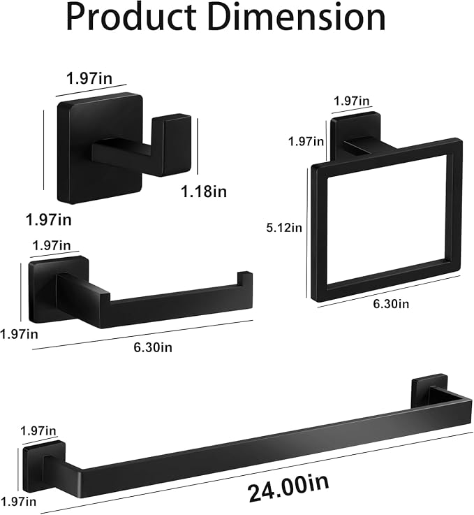 10-Piece Matte Black Bathroom Hardware Set, 16" Towel Bar Set, Modern Square Bathroom Accessories Kit with 2 Toilet Paper Holders, 2 Towel Rings, 4 Robe Hooks Bathroom Accessories