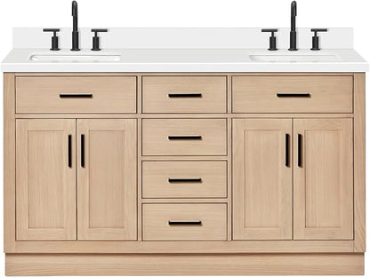 ARIEL Hepburn 60-inch Bathroom Vanity with Sink,Solid Wood, 1.5-inch Pure White Quartz Countertop, Double Rectangular Porcelain Sink, 4 Soft Closing Doors, 6 Dovetail Drawers, White Oak