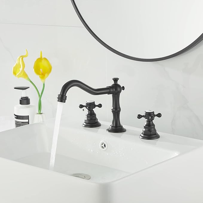 GGStudy Matte Black Bathroom Faucet 2 Handles 3 Holes Faucet 8 inch Widespread Bathroom Sink Faucet Tap Mixer Supply Hose Included Matching Metal Pop Up Drain