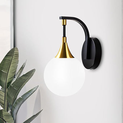 1-Light Bathroom Wall Sconce, Black and Gold Vanity Lighting | with White Milk Globe Glass Shade, Modern Wall Light Fixture for Bedroom Hallway Bathroom Kitchen