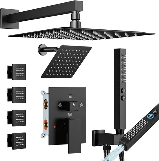 Shower Faucet Sets Matte Black Shower System,STARBATH 4 Way 12+6" Dual Head Shower Set Complete with 2 in 1 Handheld,Wall Mounted Rainfall Shower Head with 4 Body Spray Jets, Shower Jets System