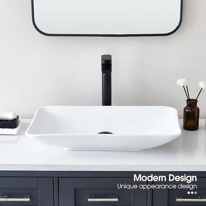 24*15 Inch Glossy White Modern Art Countertop Bathroom Vessel Sink, Decorative-Functional Ceramics Rectangle Vessel Sinks, Elegant Above Counter Large Washbasin Bowl for Bathroom Vanity, RVs