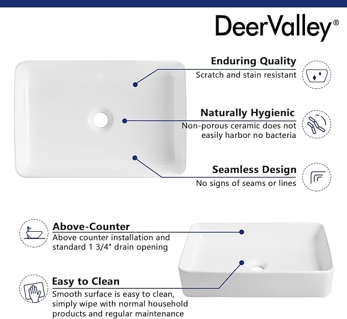 DeerValley DV-1V032 Ally White Ceramic Rectangular Vessel Bathroom Sink