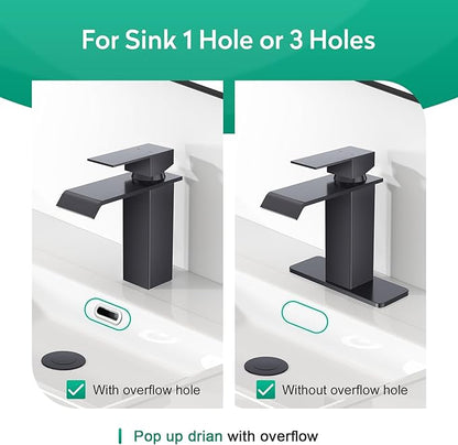 CREA Black Waterfall Bathroom Faucet 1 Hole,Matte Black Bathroom Faucet Single Handle Bathroom Sink Faucet with Pop Up Drain Stopper/ 3 Hole Plate,Stainless Steel RV Vanity Faucet Basin Mixer Tap