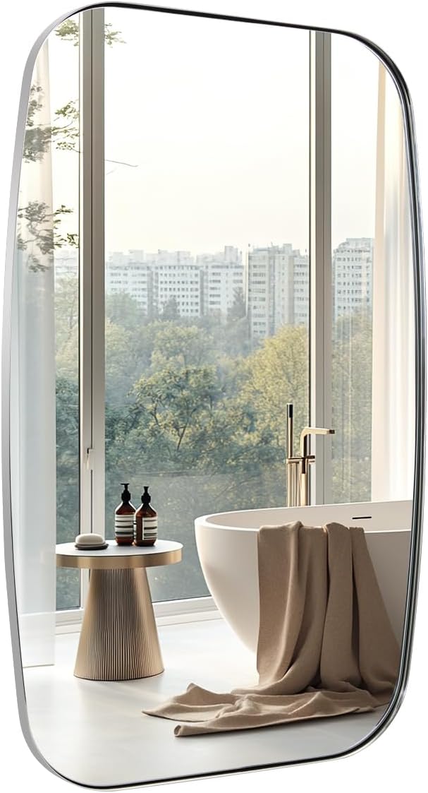 30x36 Chrome Bathroom Mirror, Oblong Silver Mirror with Stainless Steel Metal Frame, Oval Vanity Mirror for Over Sink, Modern Anti Rust Wall Mounted