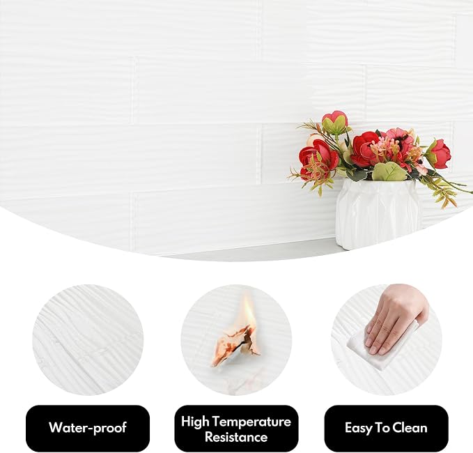 White Glass Subway Tile, Water Wave Glass for Shower Bathroom Kitchen Backsplash Wall, 3 x 12 Inch, 4 Sq.Ft.