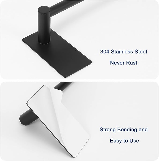 NearMoon Self Adhesive Bathroom Towel Bar- Stainless Steel Bath Wall Shelf Rack Hanging Towel Stick On Sticky Hanger Contemporary Style, NO Drilling (2 Pack, Matte Black, 12-Inch Towel Rack)