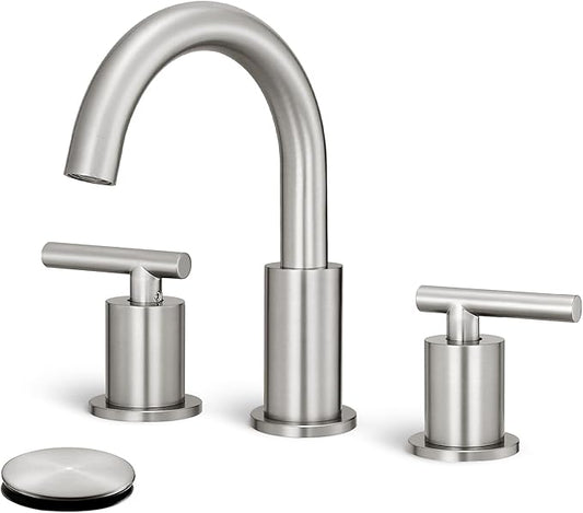 8 Inch Widespread Bathroom Faucet 3 Hole with Pop-up Drain, 2 Handle Bathroom Sink Faucet, Modern Vanity Faucet for Bathroom Sink with 360° Swivel Spout（Brushed Nickel）