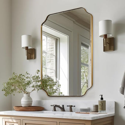 24"x36" Gold Mirror, Brushed Brass Scalloped Wall Mirror, Bathroom Mirror for Vanity, Wall Mirror with Aesthetic Scalloped Edge Design Ideal for Bathroom, Bedroom or Entryway
