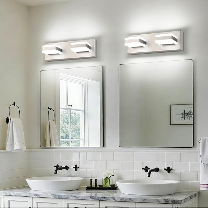 SOLFART 2 Light Brushed Nickel Vanity Lights for Bathroom Above Mirror, Modern Light Led Lighting Fixture, 14 Inch Nickel Bathroom Lighting Fixture Cool Light