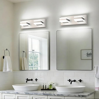 SOLFART 2 Light Brushed Nickel Vanity Lights for Bathroom Above Mirror, Modern Light Led Lighting Fixture, 14 Inch Nickel Bathroom Lighting Fixture Cool Light