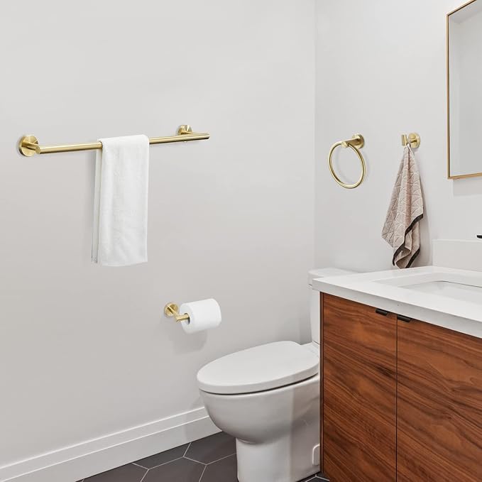 Brushed Gold Bathroom Hardware, Bathroom Accessories Set Includes Toilet Paper Holder Towel Bar Towel Ring 2 Robe Hook 5 Pieces Wall Mount