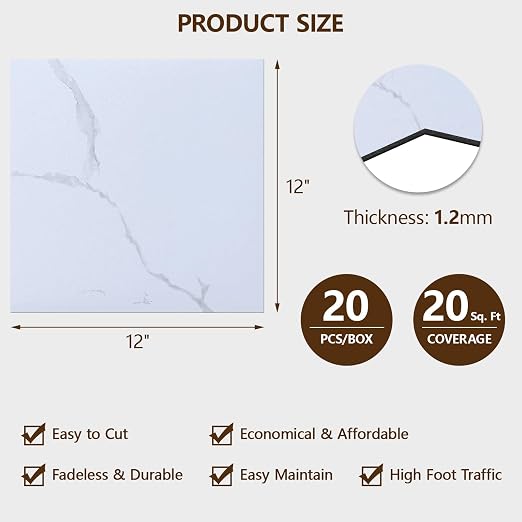 Peel and Stick Floor Tile, 20-Pack 12" x 12" Vinyl Flooring, Waterproof Self-Adhesive Luxury Vinyl Tiles, Easy DIY for Bathroom, Kitchen, Dinning Room, RV, Cover 20 Sq. White Marble