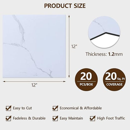 Peel and Stick Floor Tile, 20-Pack 12" x 12" Vinyl Flooring, Waterproof Self-Adhesive Luxury Vinyl Tiles, Easy DIY for Bathroom, Kitchen, Dinning Room, RV, Cover 20 Sq. White Marble