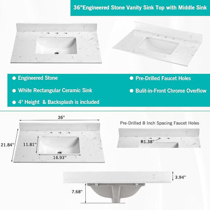 36"x22" Engineered Stone Bathroom Vanity Top with Rectangular Undermount Ceramic Middle Sink, 8 Inch Faucet Hole Spread with Backsplash Bathroom Vanity Sink Top (Cabinet Not Included)