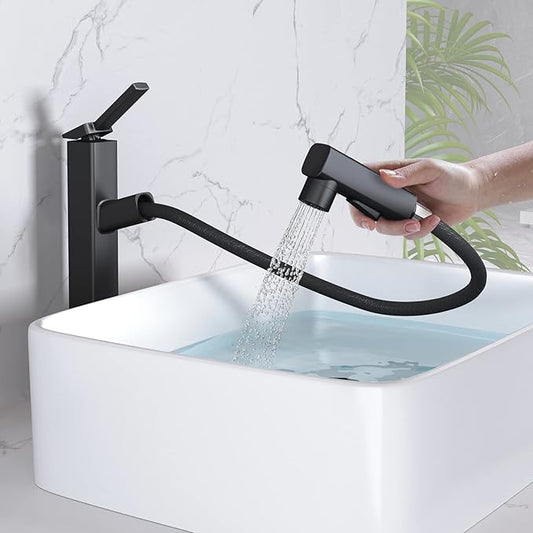 MIAOHUI Vessel Sink Faucet with Pull Out Sprayer, Tall Bathroom Sink Faucet with 3 Spray Mode, High Bathroom Faucets for Sink 1 Hole, Single Handle Modern Vanity Faucet with Fountain Mode, Matte Black