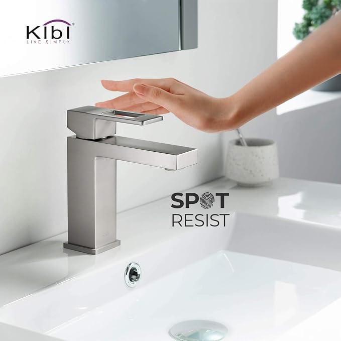 Solid Brass Single Handle Bathroom Sink Faucet with Pop-Up Drain, High Arc Cubic Spout Lavatory Faucet | Corrosion-Resistant, Modern Design, Easy to Install (Brushed Nickel, KBF1002)