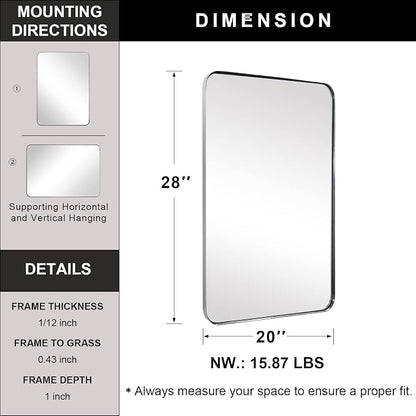 Brushed Nickel Mirror for Wall, 20”x28” Silver Rectangle Bathroom Mirror, Modern Metal Mirror in Rounded Corner Stainless Steel Frame, 1’’ Deep Set Design Hangs Horizontal Or Vertical