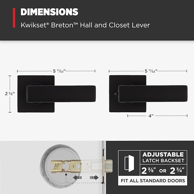 Kwikset Breton Interior Passage Door Handle 4 Pack, Lever for Closet and Hallway Doors, Reversible Non-Locking Handle Lever, Matte Black, with Microban Protection