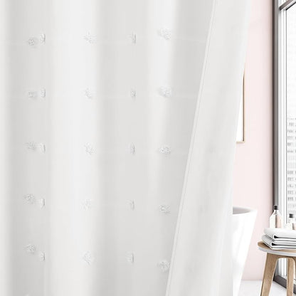 LilyCat White Farmhouse Tufted Floral Shower Curtain with Tassel, 72" x 84" | Waterproof Boho Fabric Shower Curtain Set with Hooks, Cute Rustic Vintage Bathroom Décor, Minimalist Cloth Bathroom Curtain