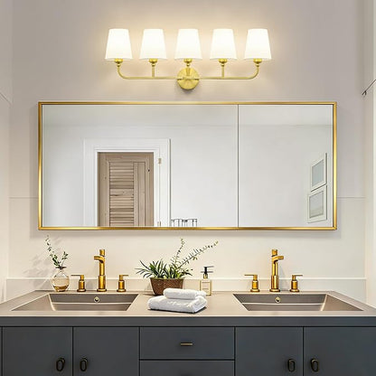 Bathroom Vanity Light, Brushed Gold Bathroom Light Fixtures, 5-Light Lighting Fixtures Over Mirror, Modern Wall Sconce with Flared White Fabric Shade, E26 Socket(ETL Listed)