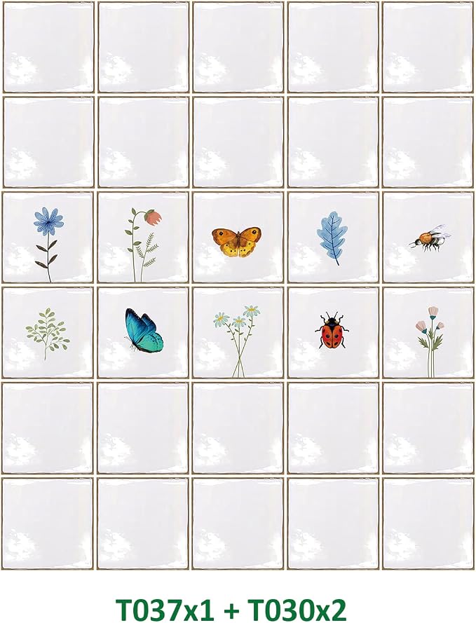 Alwayspon Vinyl Sticker Peel and Stick, Self-Adhesive Wall Tile Transfers Backsplash Sticker Decal for Kitchen Bathroom, 6x6inch/15x15cm 30Pcs, Insects and Plants T037