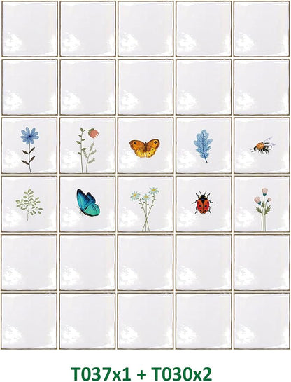 Alwayspon Vinyl Sticker Peel and Stick, Self-Adhesive Wall Tile Transfers Backsplash Sticker Decal for Kitchen Bathroom, 6x6inch/15x15cm 30Pcs, Insects and Plants T037