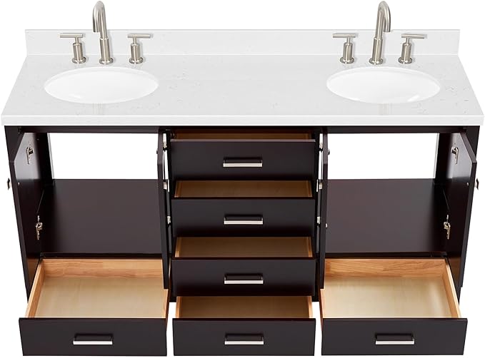 ARIEL Cambridge 66-inch Bathroom Vanity with Sink,Solid Wood, 1.5-inch Carrara White Quartz Countertop & Backsplash, Double Oval Porcelain Sink, 4 Soft Closing Doors, 6 Dovetail Drawers, Espresso