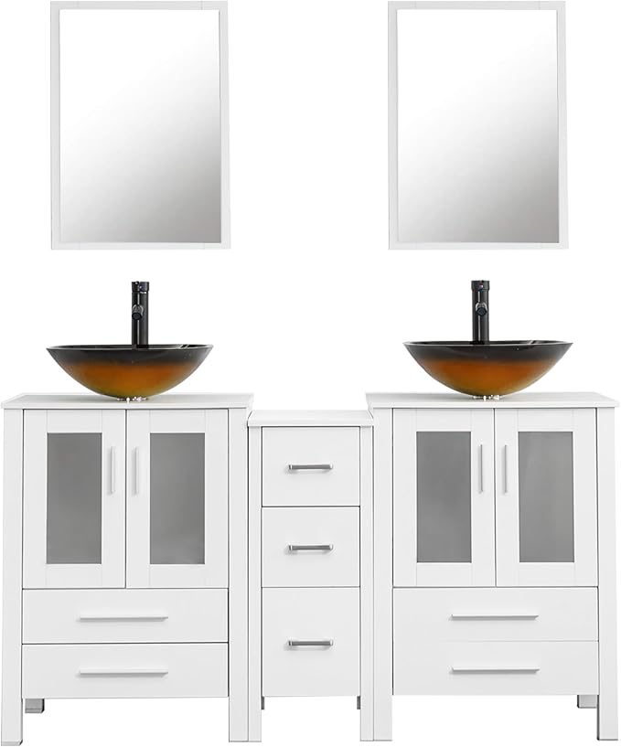 UEV 60" White Bathroom Vanity Set, Double Vanity with Double Vessel Sink Combo and Removable Side Cabinet, Mirror Not Included(T48)