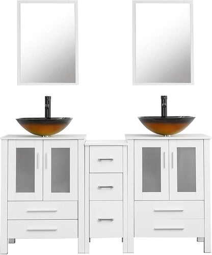 UEV 60" White Bathroom Vanity Set, Double Vanity with Double Vessel Sink Combo and Removable Side Cabinet, Mirror Not Included(T48)