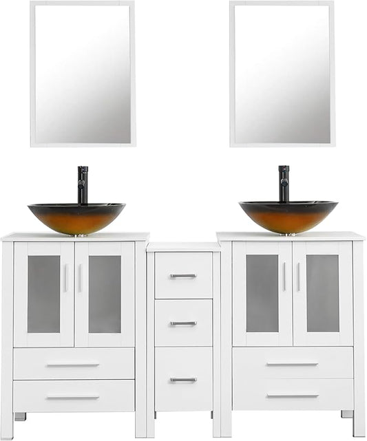 UEV 60" White Bathroom Vanity Set, Double Vanity with Double Vessel Sink Combo and Removable Side Cabinet, Mirror Not Included(T48)