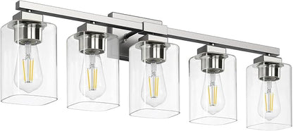 31” Bathroom Light Fixtures, 5-Light Vanity Light Brushed Nickel | Square Clear Glass & Durable Metal, Quick & Easy Installation, Standard E26 Socket, Bright Bathroom Lighting