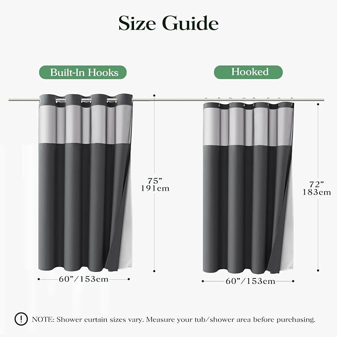 Charcoal Grey Hook Free Waffle Shower Curtain & Snap Liner,60x75 | Less Time to install, 3 in 1 Fabric Shower Curtain and Liner Set with Magnets, Stall, Shower Curtains for Bathroom