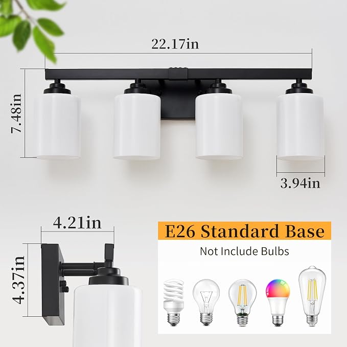 Bathroom Light Fixtures, Vanity Light Over Mirror Black 4-Light Fixture | Modern bathroom vanity light fixture with metal frame, ideal for mirrors, bedrooms and hallways. Fits E26 bulbs.