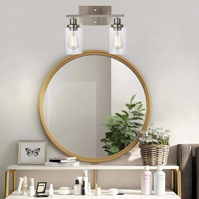 MELUCEE 2 Heads Bathroom Light Fixtures Brushed Nickel | Metal Wall Lights with Clear Glass Shade Modern Vanity Lights Sconces for Hallway Bedroom Kitchen (Patent No.: US D963914 S)