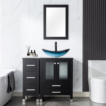 LUCKWIND 36-Inch Black Bathroom Vanity with Blue Boat Sink Combo – 24" Main Cabinet & 12.6" Side Storage, Painted Bathroom Storage Cabinet with 5 Drawers &Blue Boat Sink, Mirror Not Included