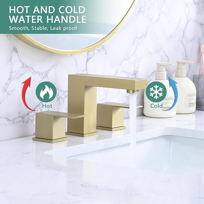 Bathroom Faucet 3 Hole, 8 Inch Widespread Bathroom Sink Faucets, 2 Handle Bathroom Faucets for Sink, Modern Rv Lavatory Vanity Faucet with Pop Up Drain and Supply Hoses, Brushed Golden