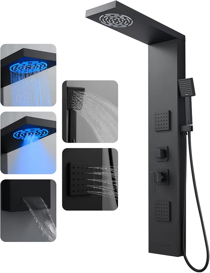 ROVOGO 46.5"H x 7.8"W Shower Panel Tower System with Led Lights, Rainfall Mist Shower Head, Body Jets, Handheld and Tub Spout, Stainless Steel Shower Column with Mixer Valve, Black